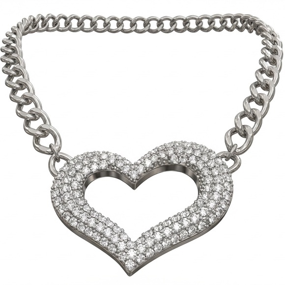 Single Crystal Heart Collar Necklace - Silver - Picture 2 of 4